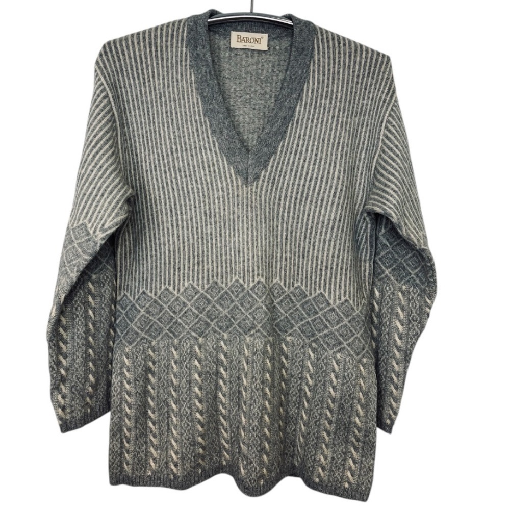 Baroni Women’s Grey V-Neck Cable Knit Wool Blend Sweater Size XL